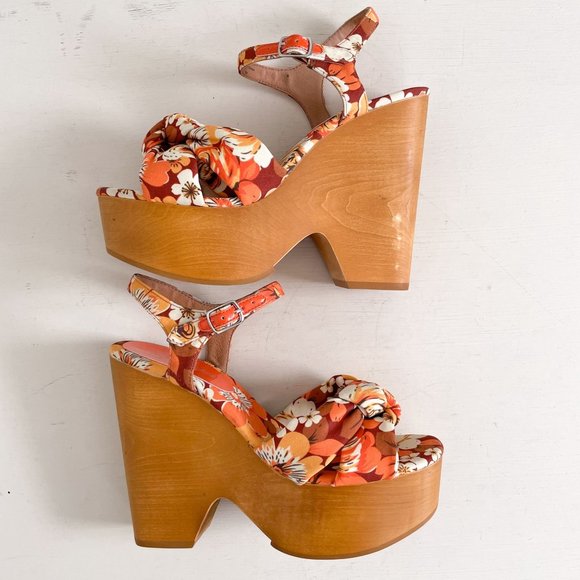 Jeffrey Campbell Orange & Brown Floral Jacy Wood Platform Wedge Sandals Size 8 - Picture 7 of 16